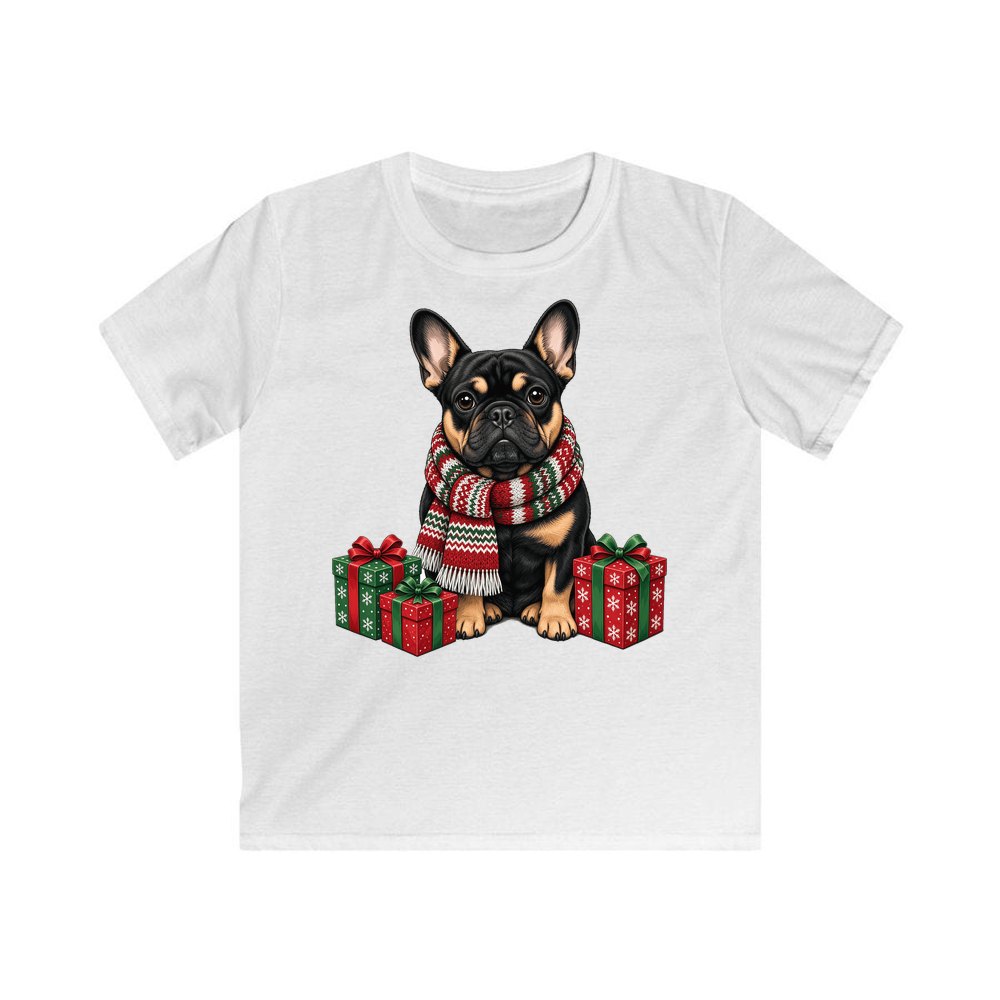 French Bulldog in a Christmas Scarf personalised kids Christmas tee in white