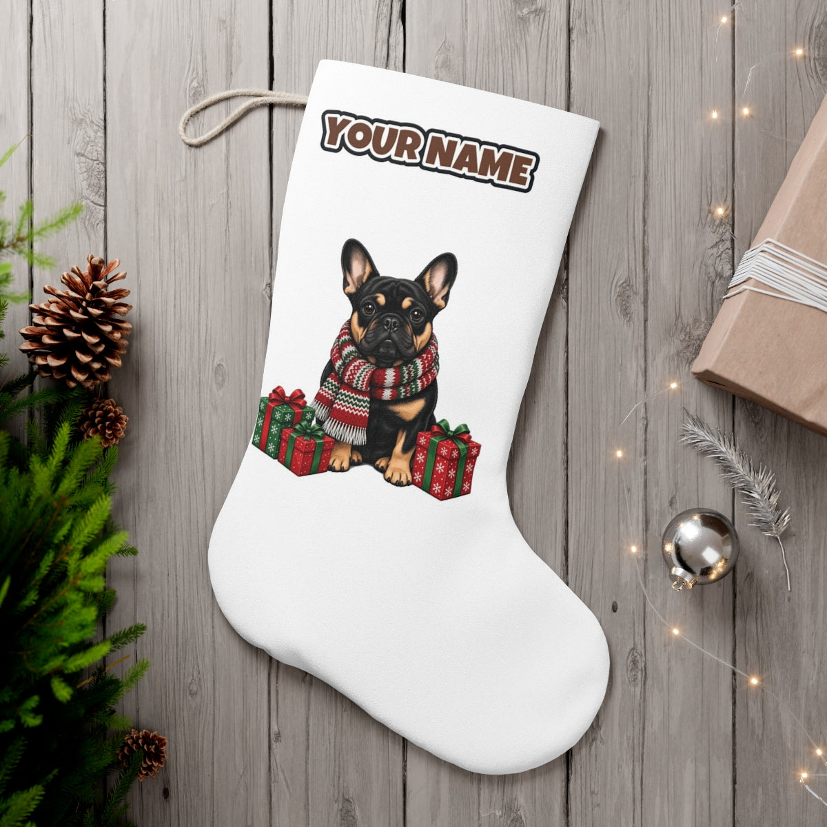 French Bulldog in a Christmas Scarf personalised Christmas stocking, white, with the name across the top