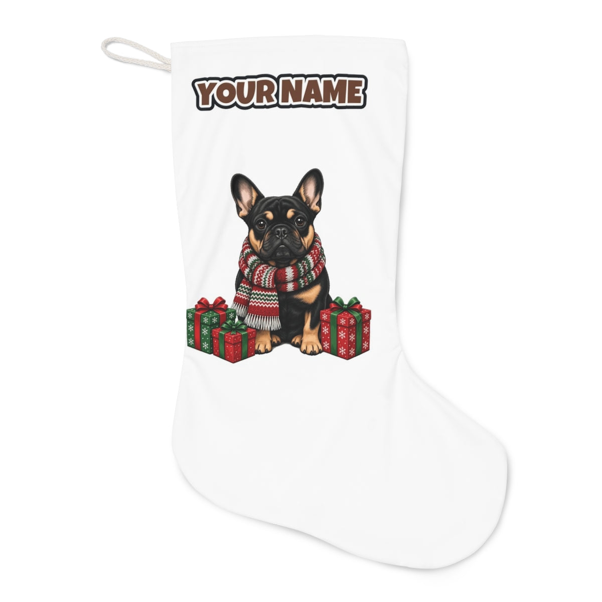 French Bulldog in a Christmas Scarf Christmas stocking laid flat, showing the full print