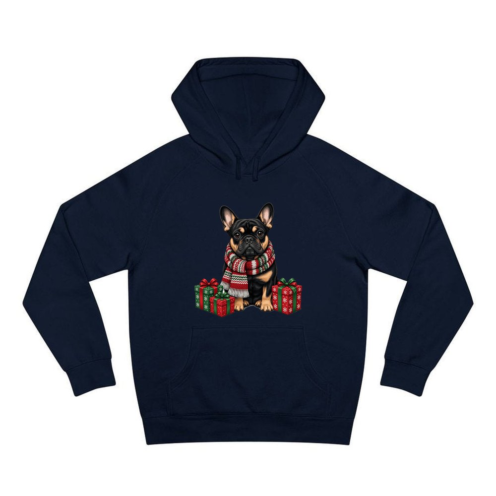 French Bulldog in a Christmas Scarf personalised Christmas hoodie in navy