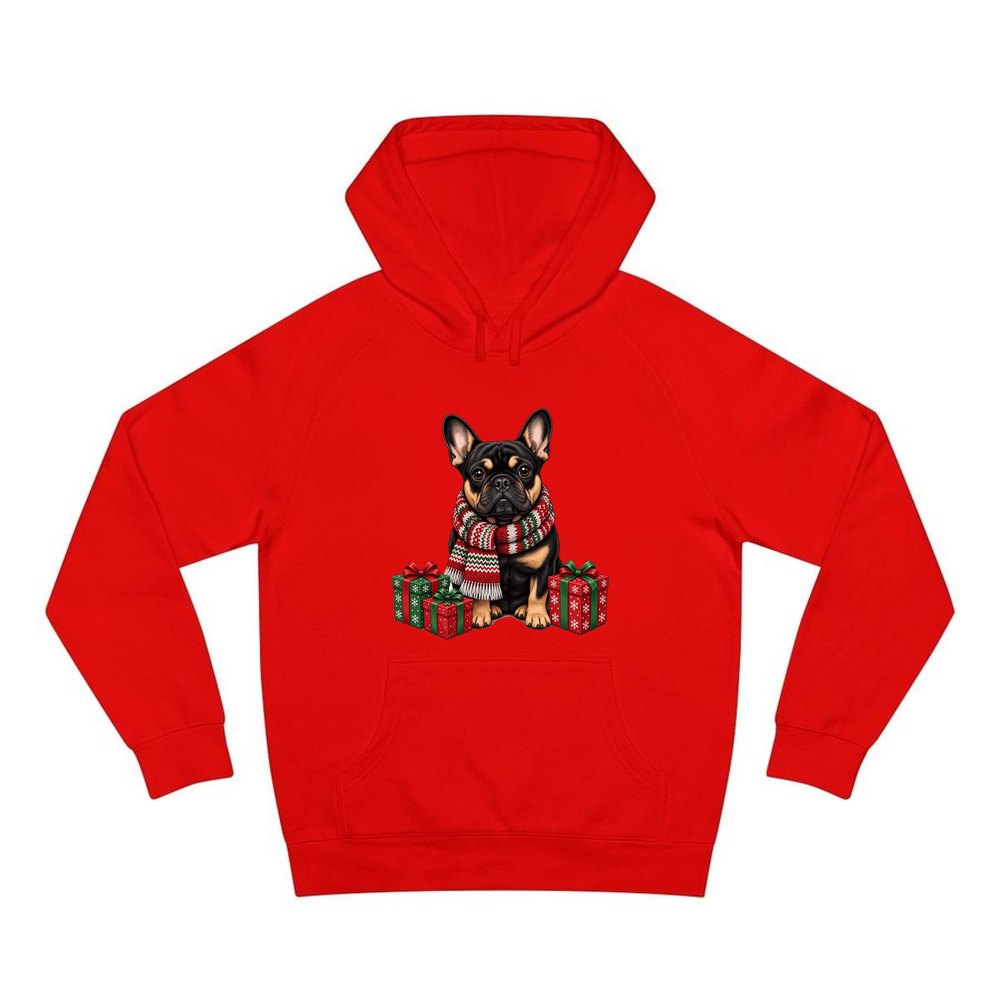 French Bulldog in a Christmas Scarf personalised Christmas hoodie in red