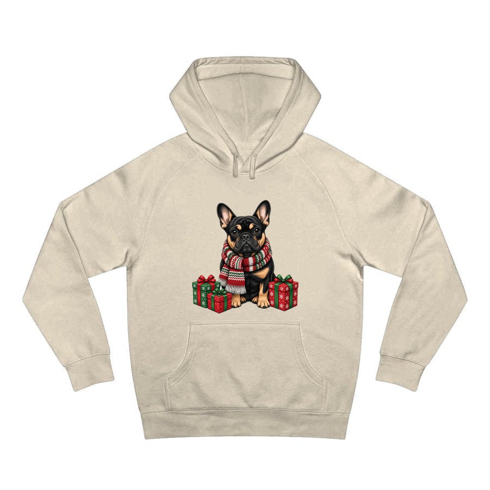 French Bulldog in a Christmas Scarf personalised Christmas hoodie in sand
