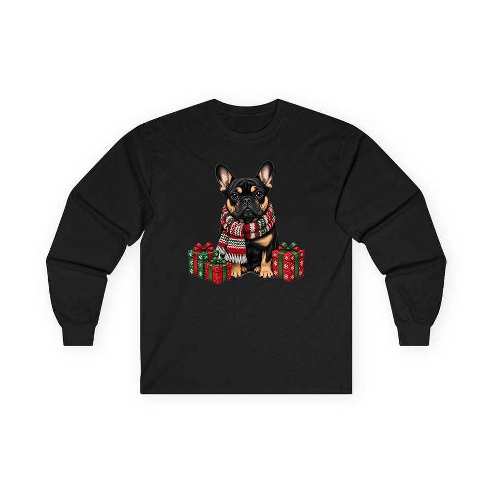 French Bulldog in a Christmas Scarf personalised long sleeve Christmas T-shirt in black