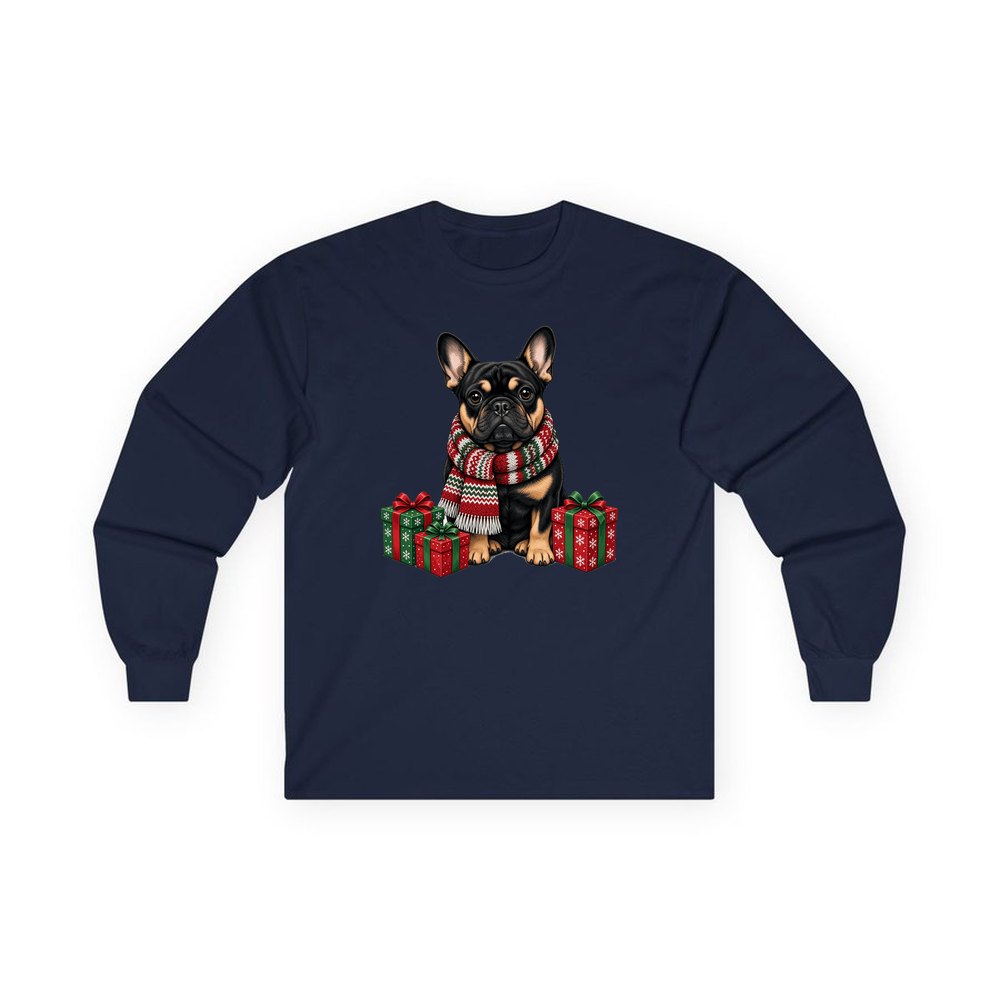 French Bulldog in a Christmas Scarf personalised long sleeve Christmas T-shirt in navy