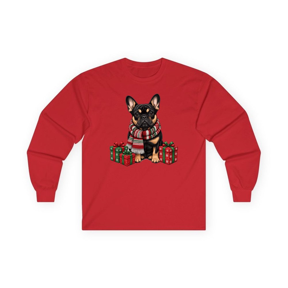 French Bulldog in a Christmas Scarf personalised long sleeve Christmas T-shirt in red