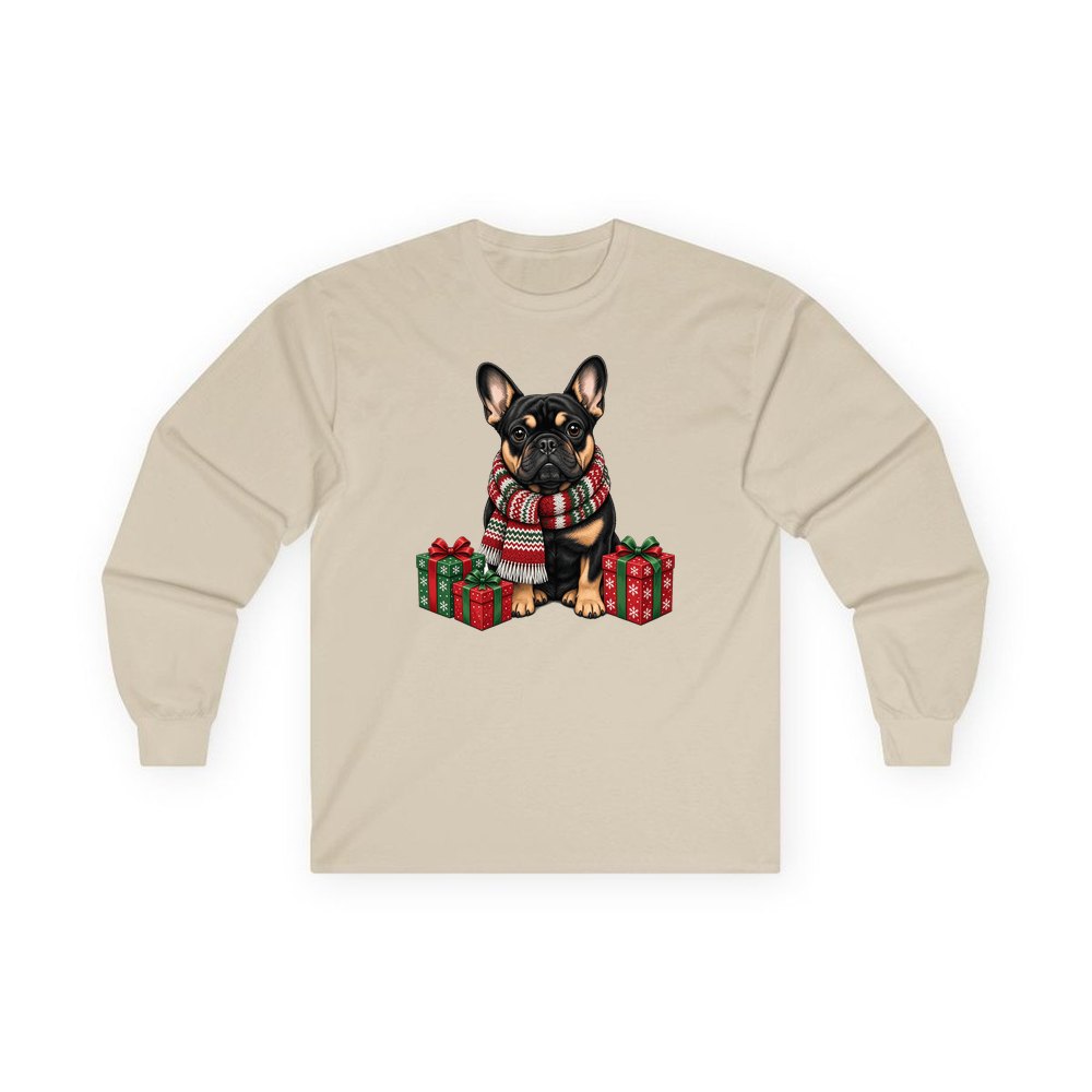 French Bulldog in a Christmas Scarf personalised long sleeve Christmas T-shirt in sand