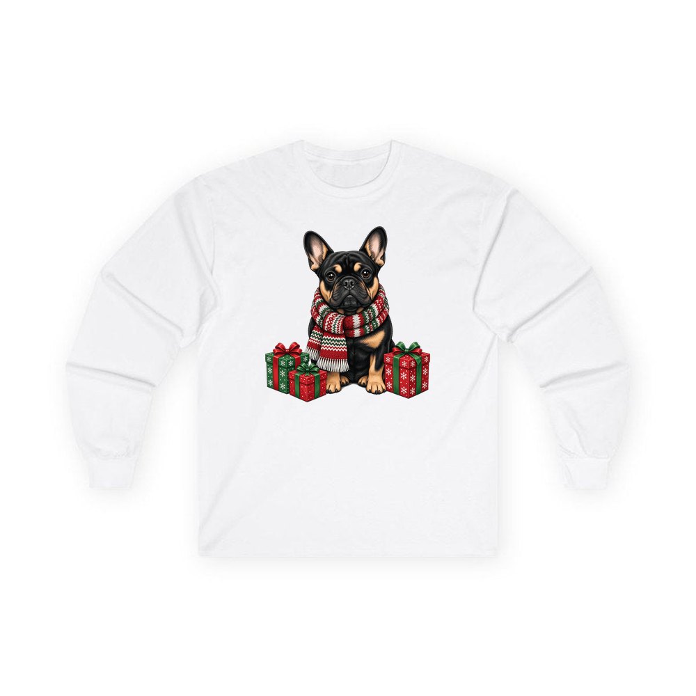 French Bulldog in a Christmas Scarf personalised long sleeve Christmas T-shirt in white