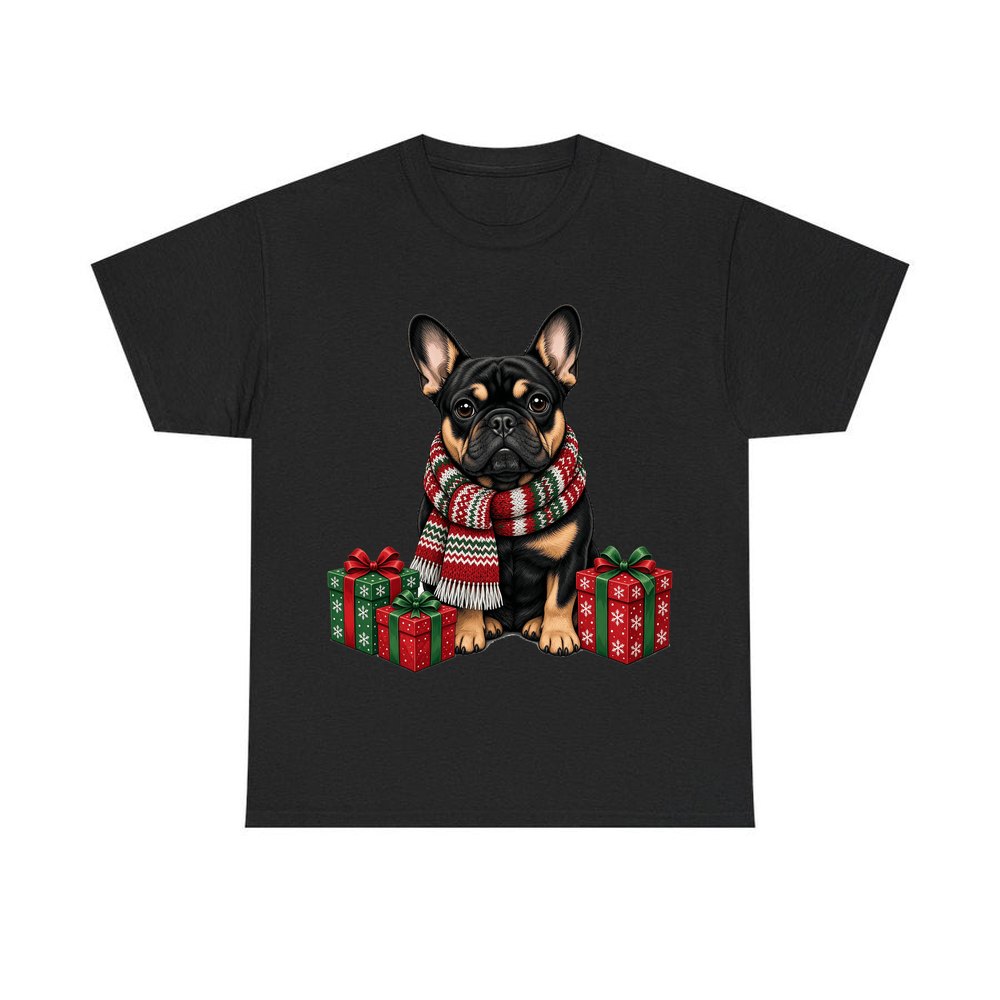 French Bulldog in a Christmas Scarf personalised Christmas T-shirt in black