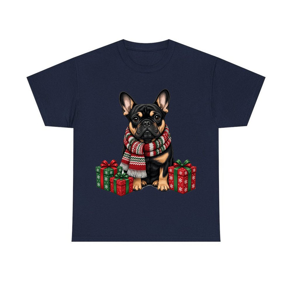 French Bulldog in a Christmas Scarf personalised Christmas T-shirt in navy