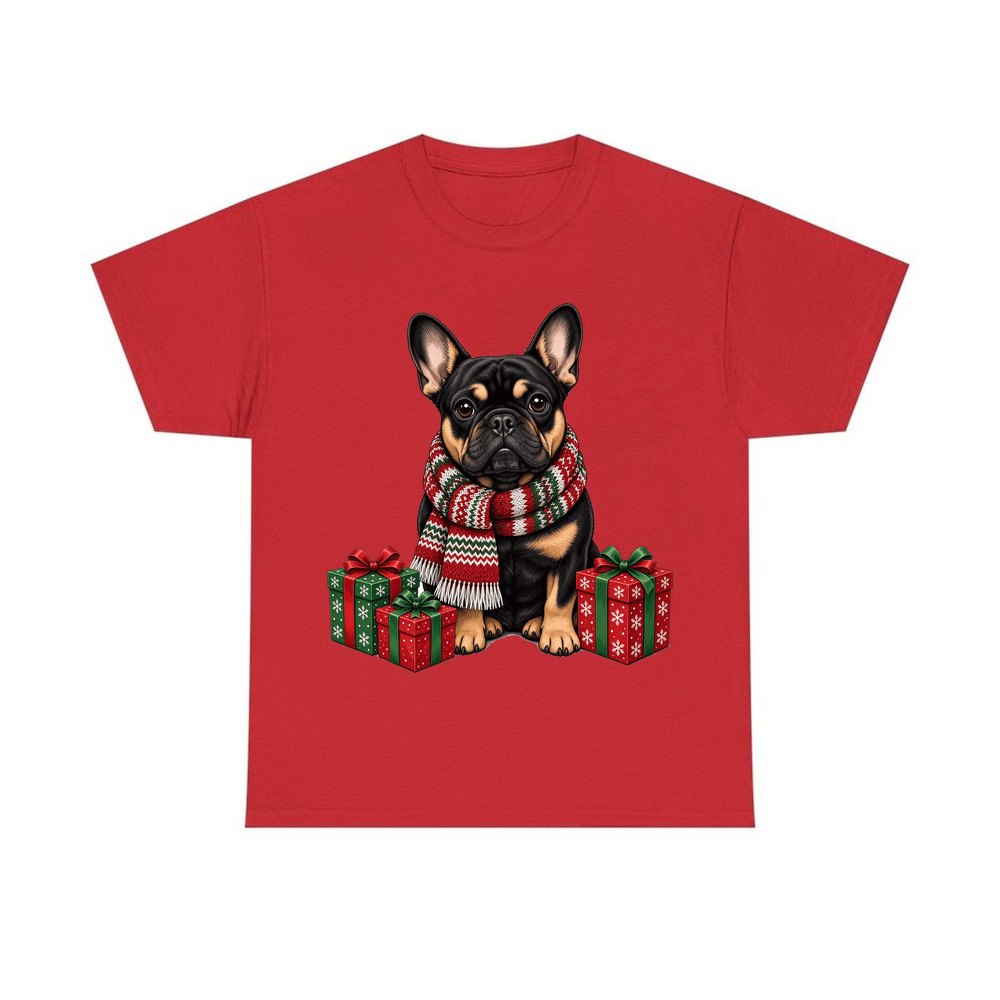 French Bulldog in a Christmas Scarf personalised Christmas T-shirt in red
