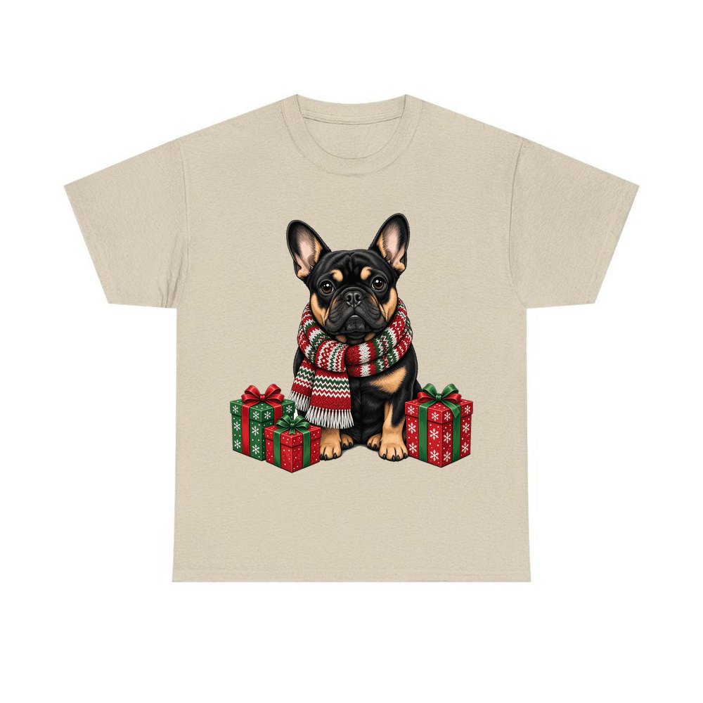 French Bulldog in a Christmas Scarf personalised Christmas T-shirt in sand