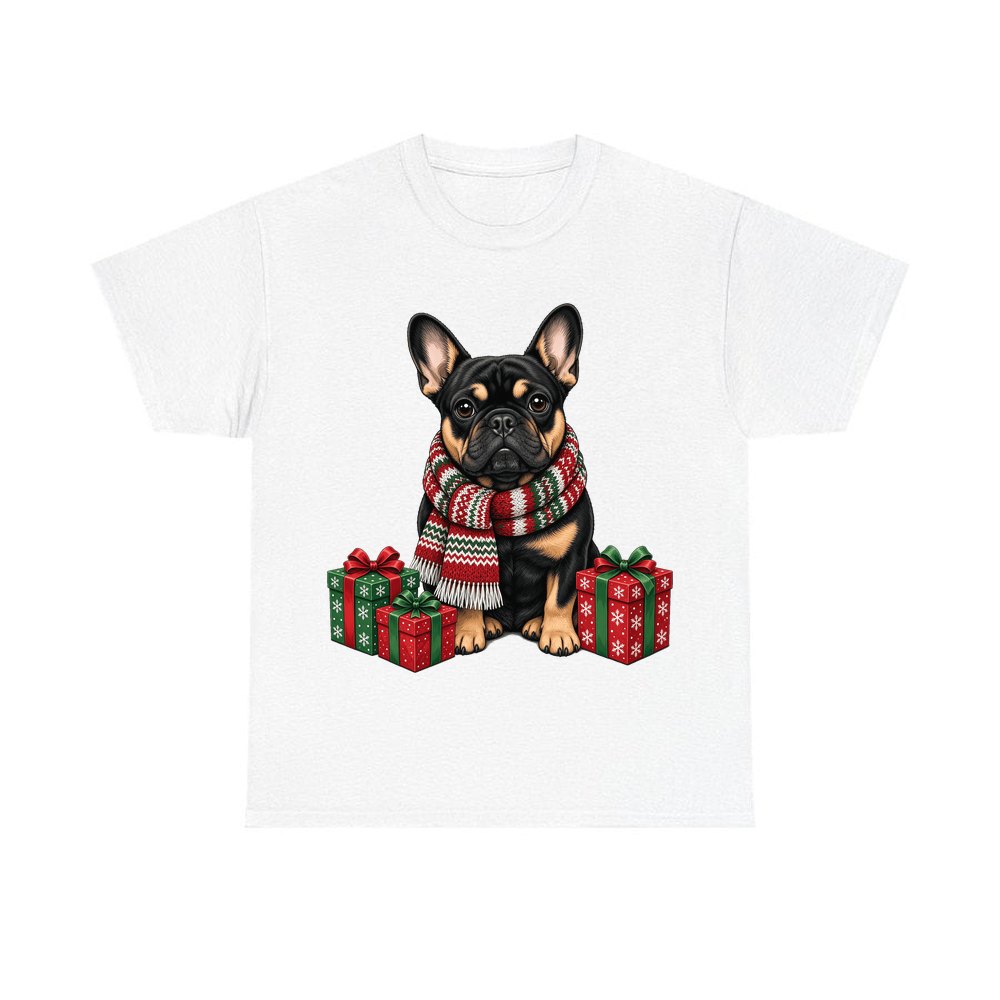 French Bulldog In A Christmas Scarf design on a white tee