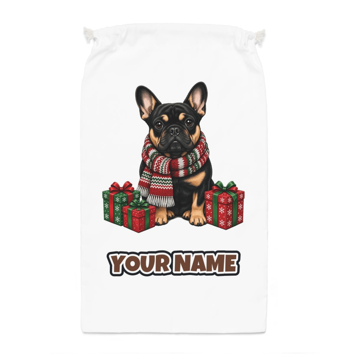 French Bulldog in a Christmas Scarf Santa sack laid flat, showing the full print