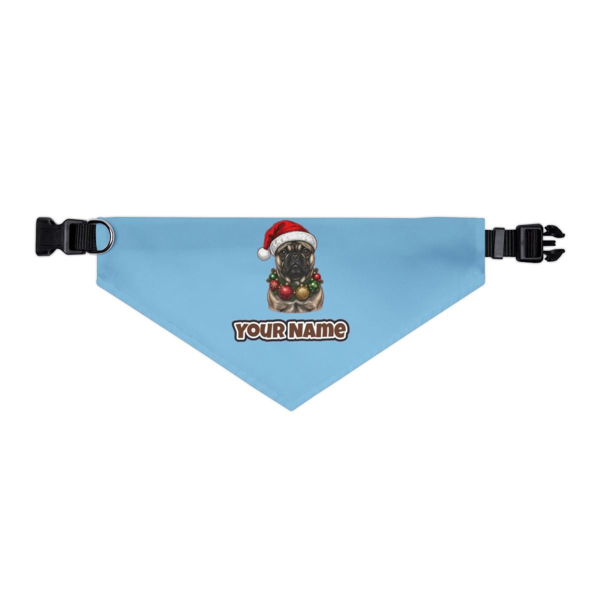 French Bulldog with Baubles personalised Christmas pet bandana in sky blue, collar with buckle