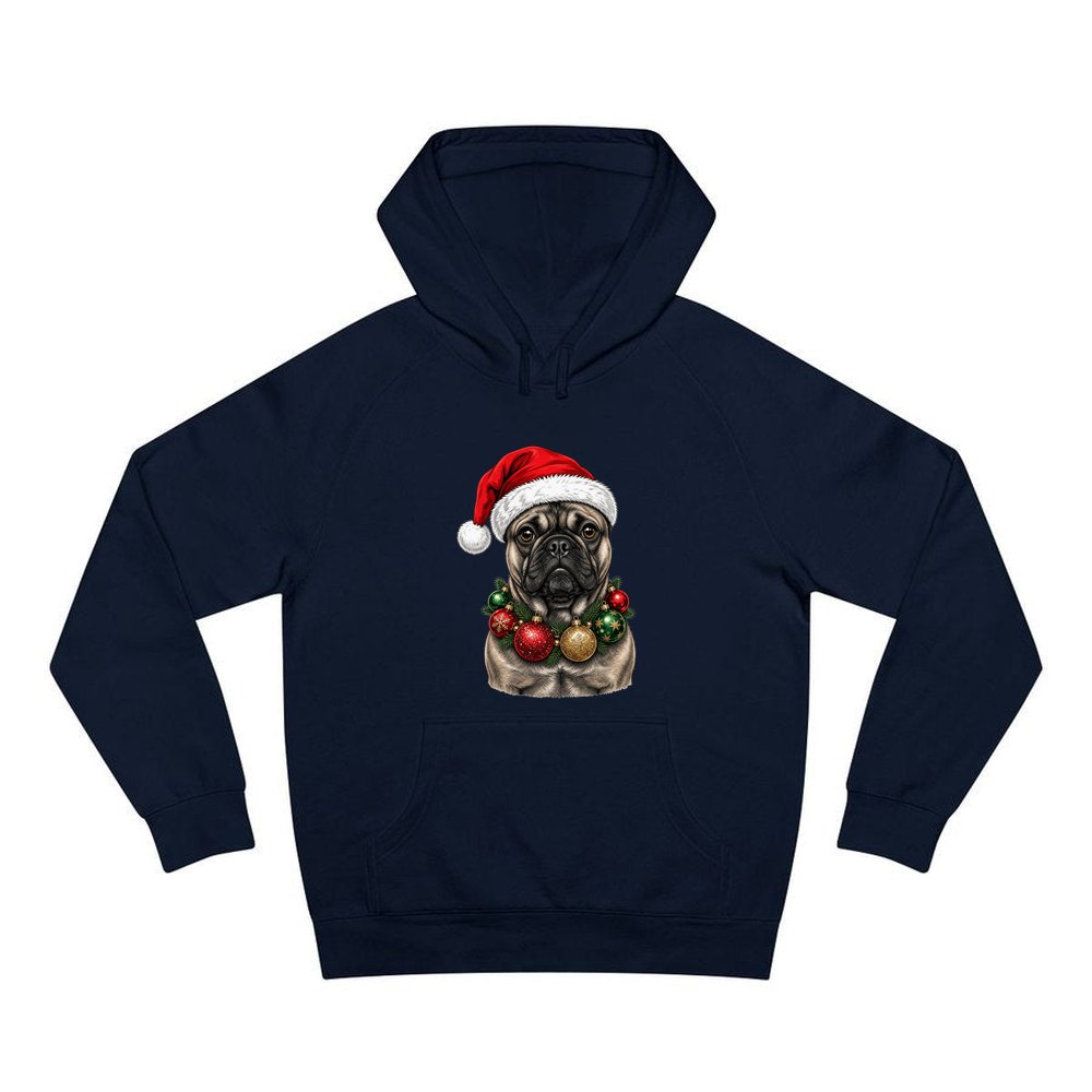 French Bulldog with Baubles personalised Christmas hoodie in navy