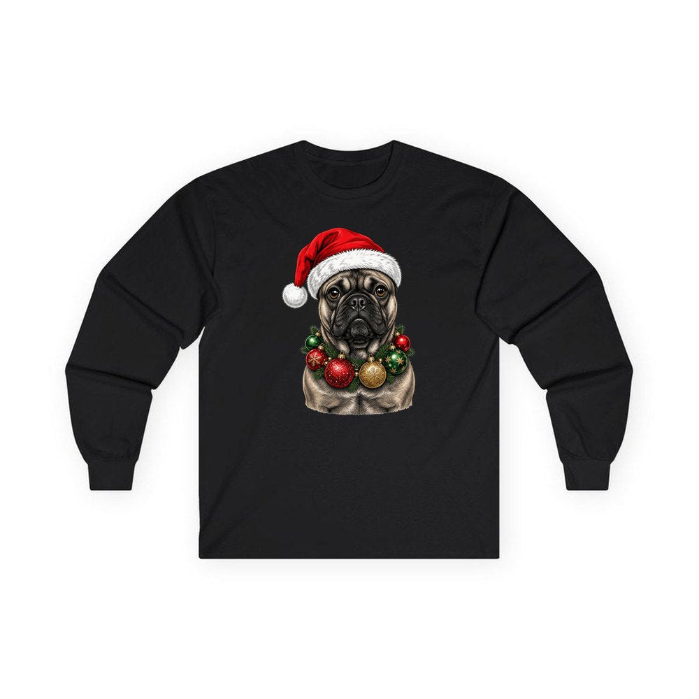 French Bulldog with Baubles personalised long sleeve Christmas T-shirt in black