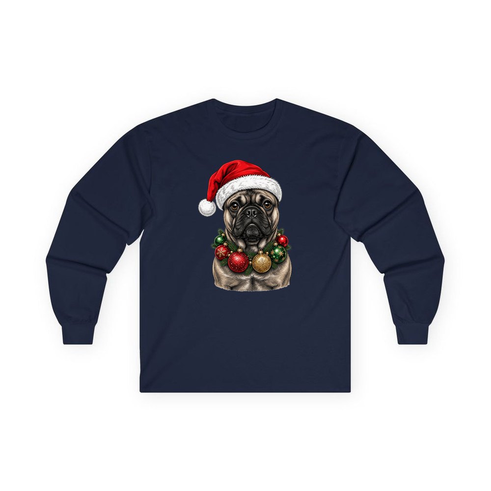 French Bulldog with Baubles personalised long sleeve Christmas T-shirt in navy