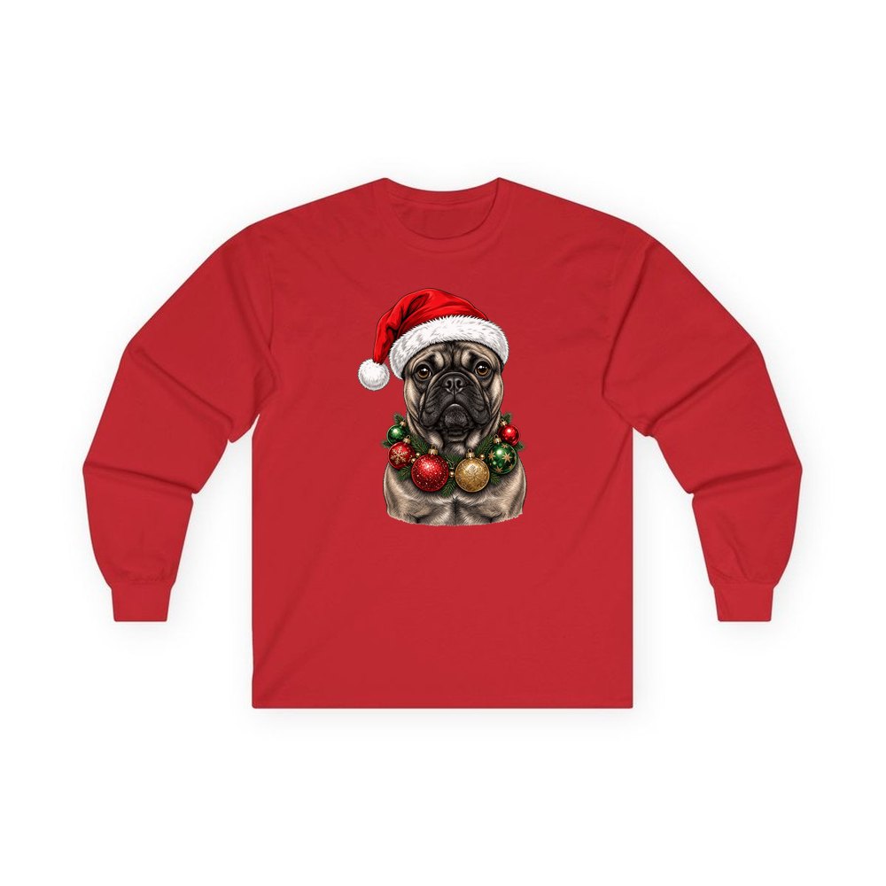 French Bulldog with Baubles personalised long sleeve Christmas T-shirt in red