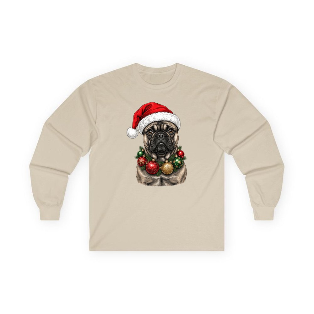 French Bulldog with Baubles personalised long sleeve Christmas T-shirt in sand