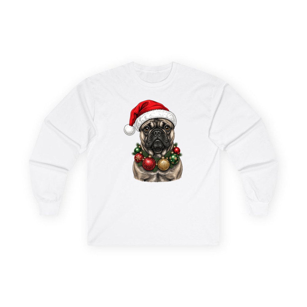 French Bulldog with Baubles personalised long sleeve Christmas T-shirt in white