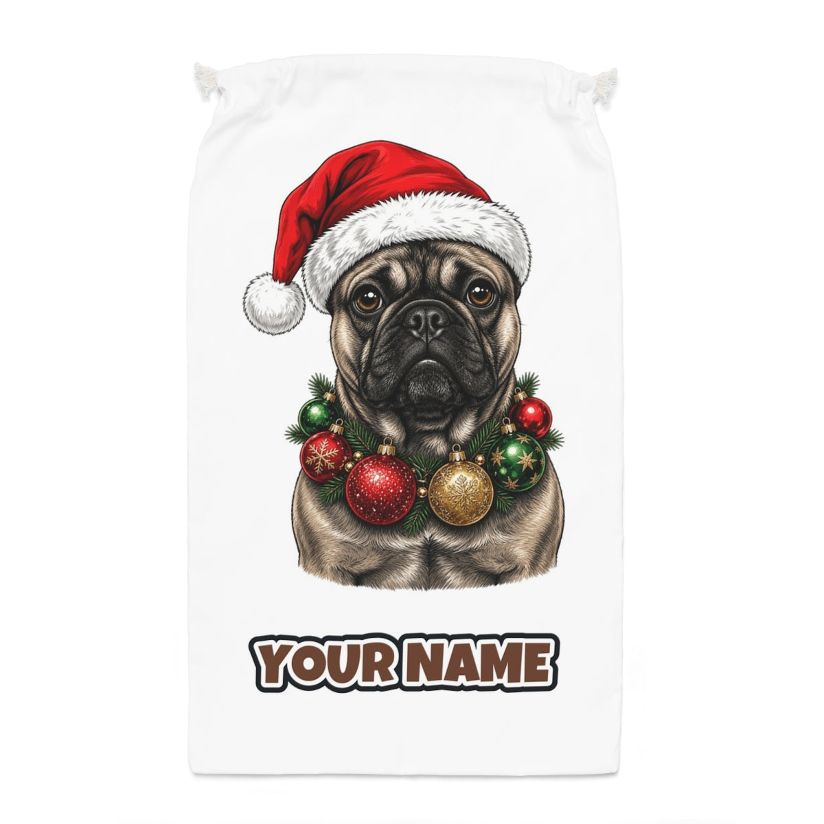 French Bulldog with Baubles Santa sack laid flat, showing the full print