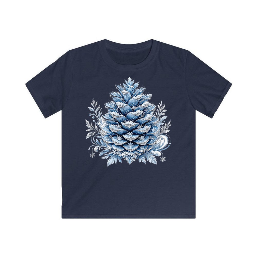 Frosted Blue Pine Cone personalised kids Christmas tee in navy