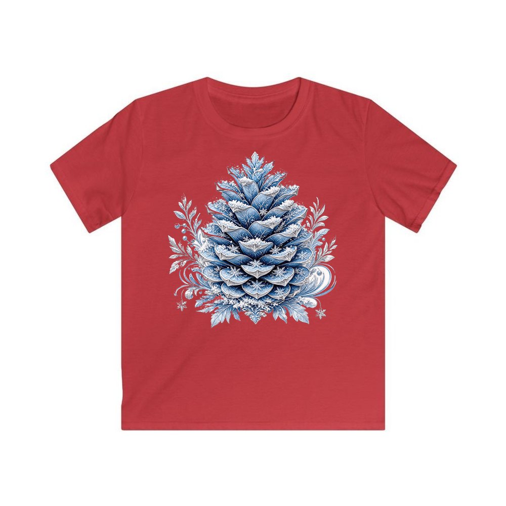 Frosted Blue Pine Cone personalised kids Christmas tee in red