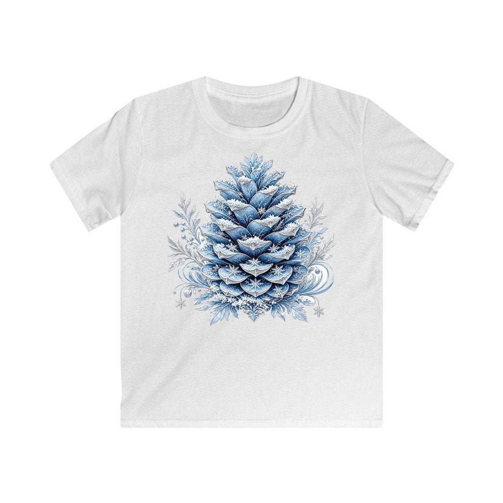 Frosted Blue Pine Cone personalised kids Christmas tee in white