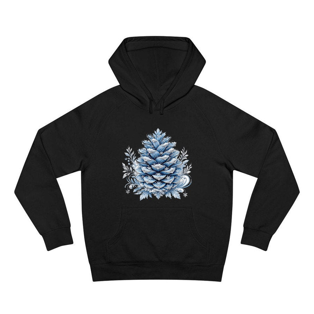 Frosted Blue Pine Cone personalised Christmas hoodie in black