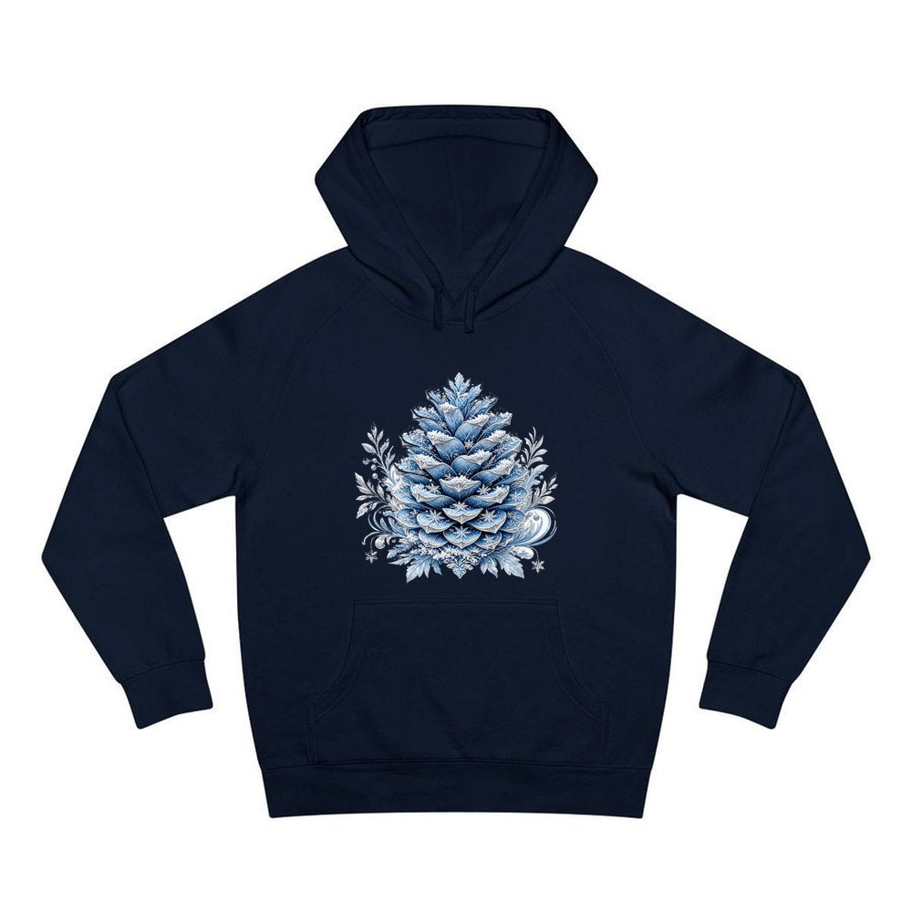 Frosted Blue Pine Cone personalised Christmas hoodie in navy