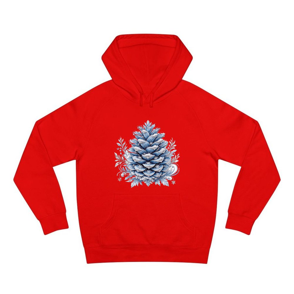 Frosted Blue Pine Cone personalised Christmas hoodie in red