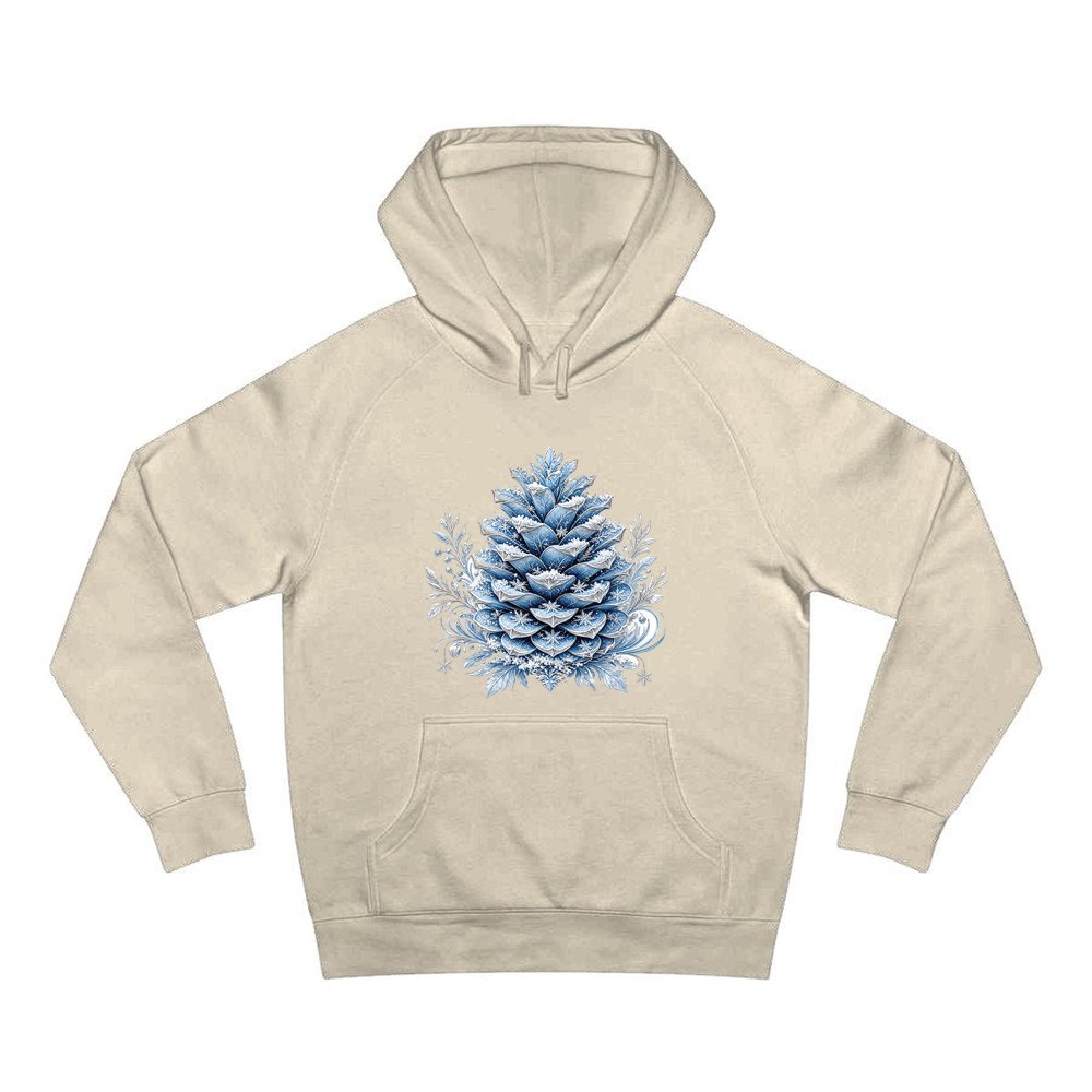 Frosted Blue Pine Cone personalised Christmas hoodie in sand