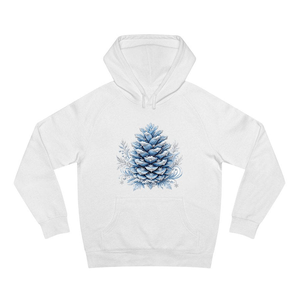 Frosted Blue Pine Cone personalised Christmas hoodie in white