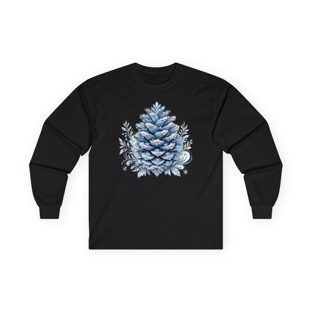 Frosted Blue Pine Cone personalised long sleeve Christmas T-shirt in black
