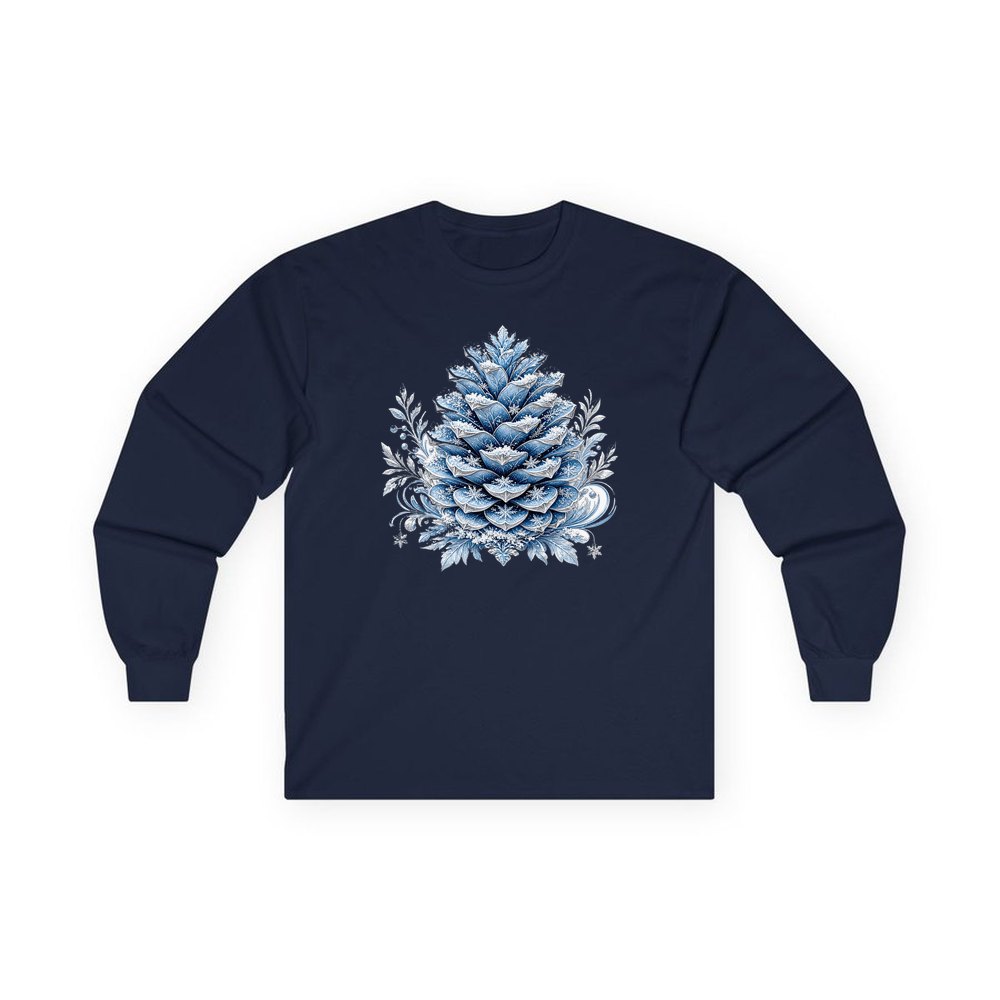 Frosted Blue Pine Cone personalised long sleeve Christmas T-shirt in navy