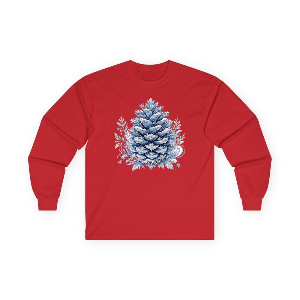 Frosted Blue Pine Cone personalised long sleeve Christmas T-shirt in red