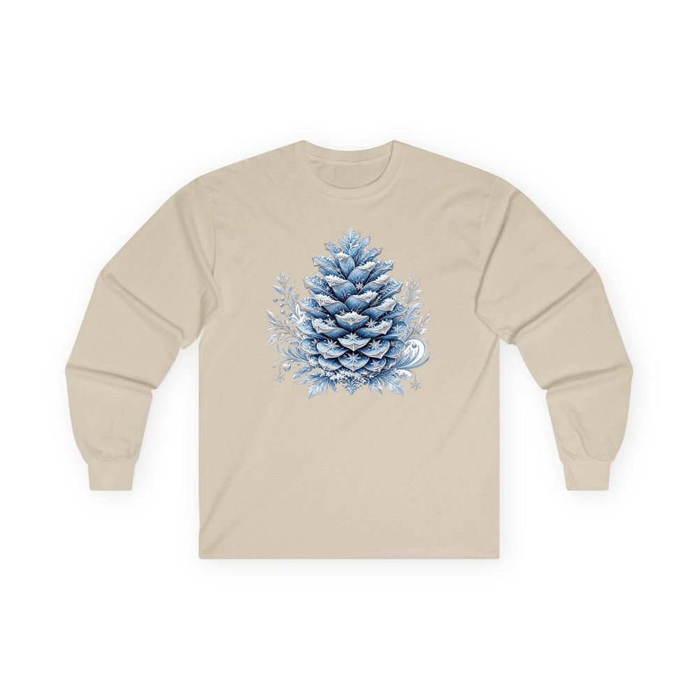 Frosted Blue Pine Cone personalised long sleeve Christmas T-shirt in sand