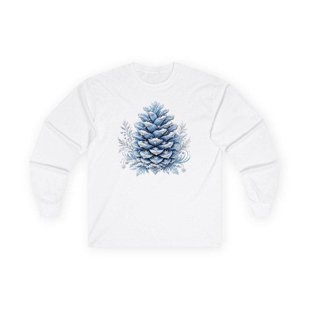 Frosted Blue Pine Cone personalised long sleeve Christmas T-shirt in white