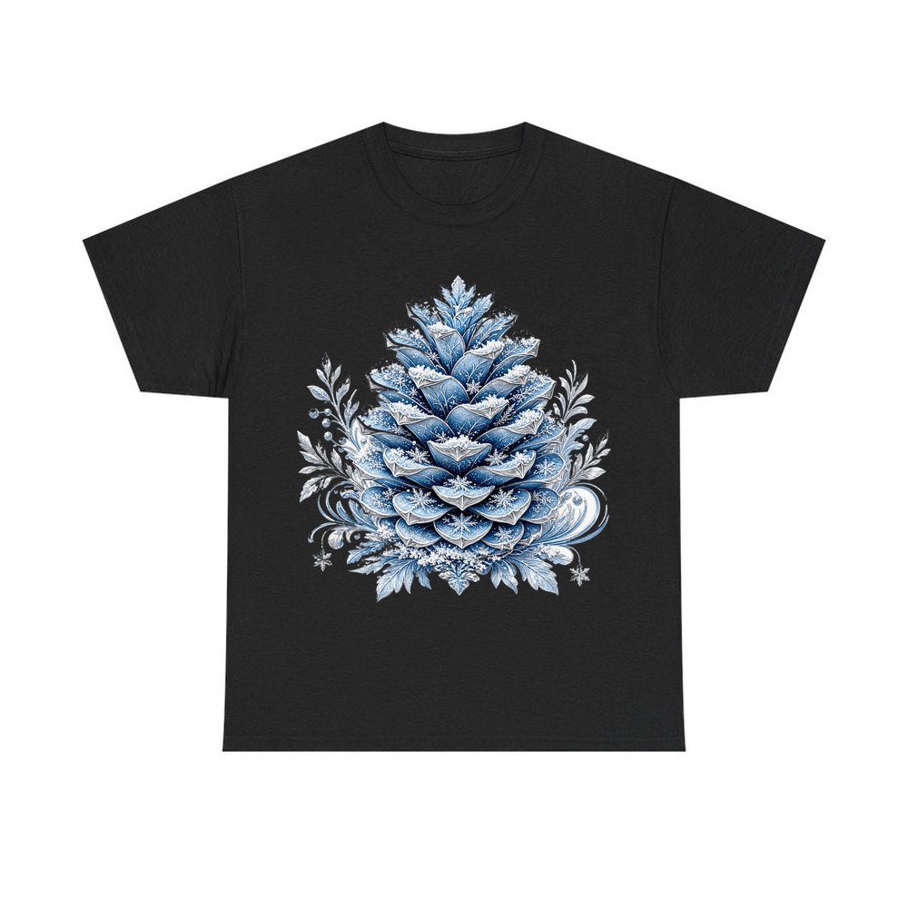 Frosted Blue Pine Cone personalised Christmas T-shirt in black