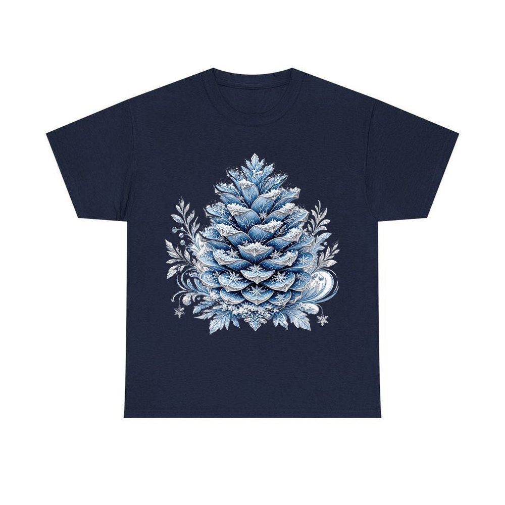 Frosted Blue Pine Cone personalised Christmas T-shirt in navy