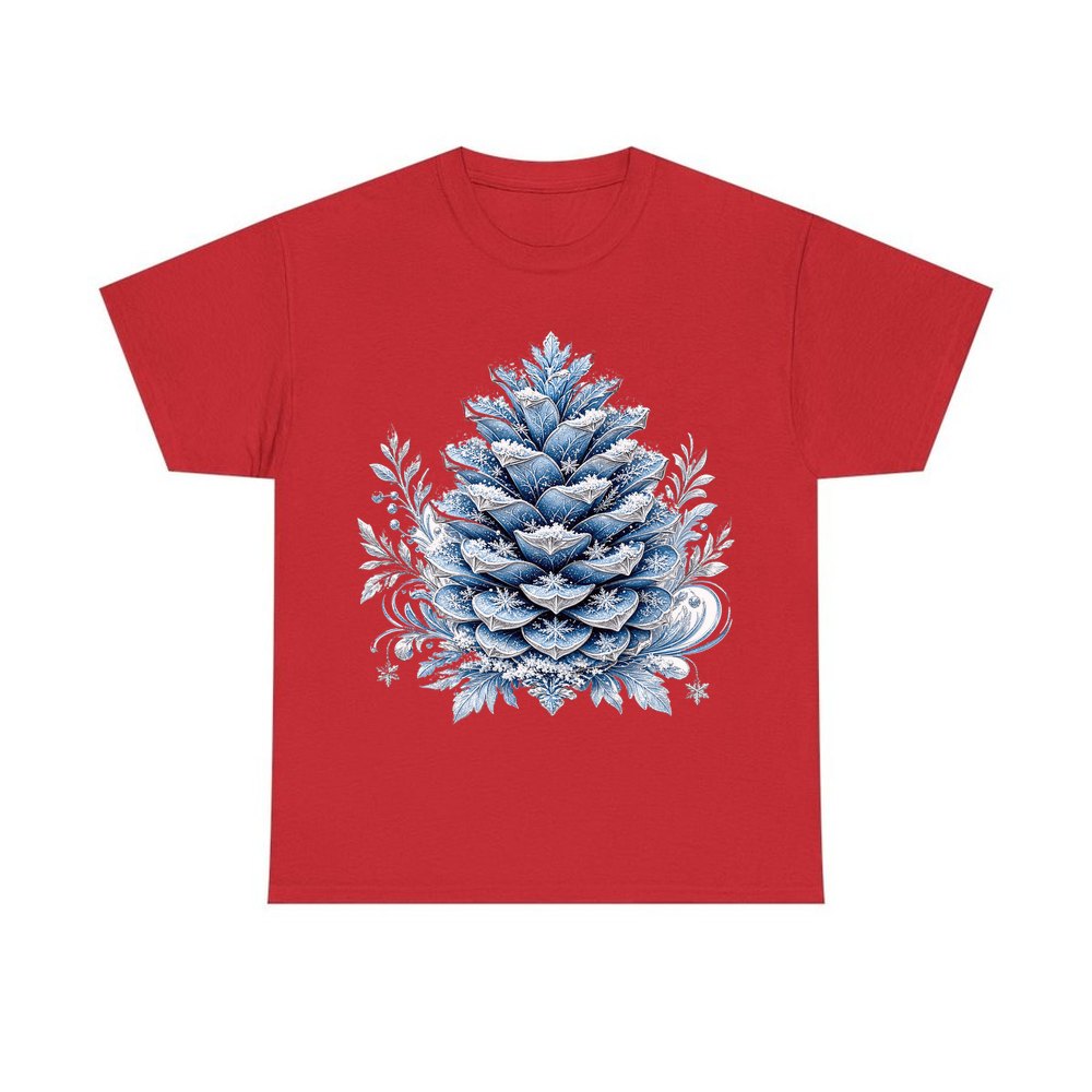Frosted Blue Pine Cone personalised Christmas T-shirt in red