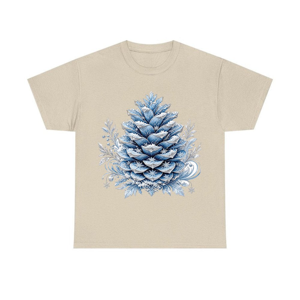 Frosted Blue Pine Cone personalised Christmas T-shirt in sand