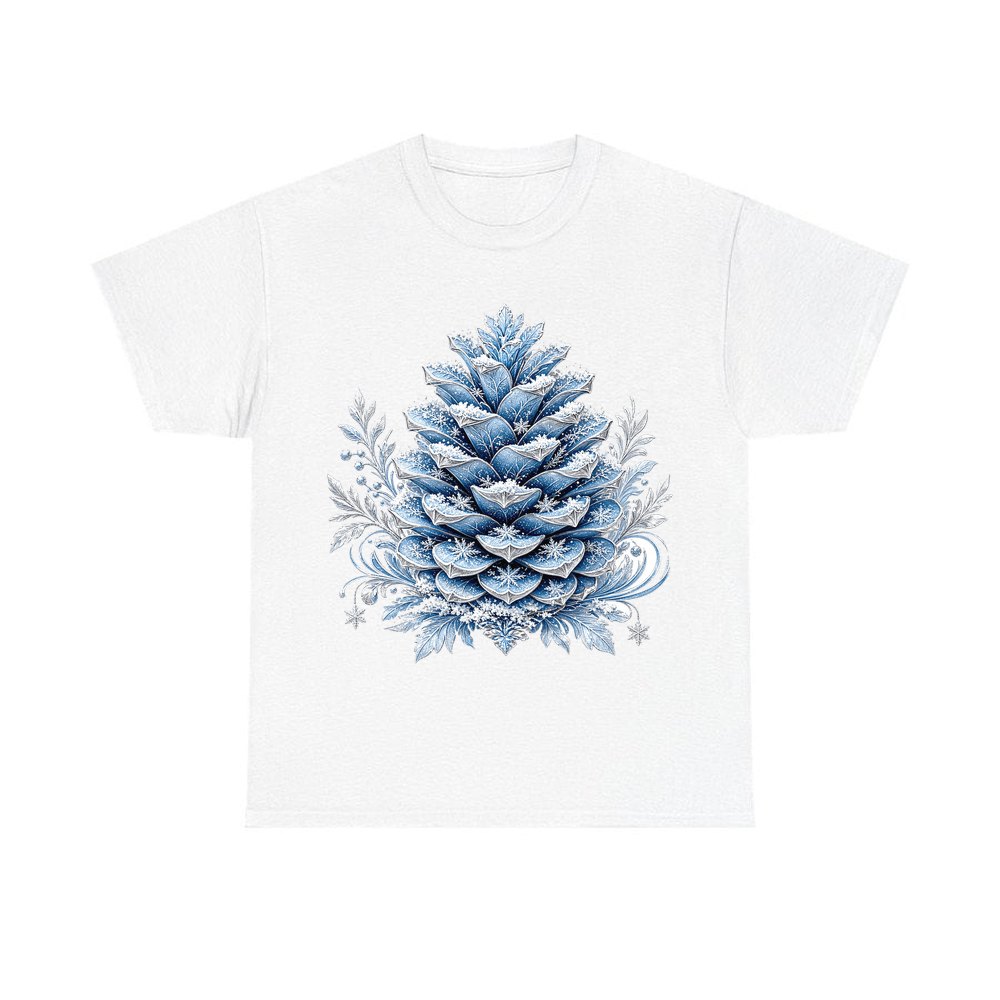 Frosted Blue Pine Cone personalised Christmas T-shirt in white