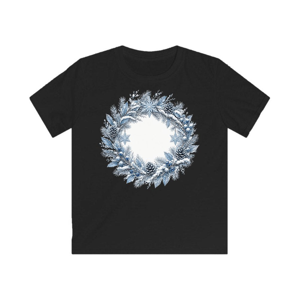 Frosted Blue Winter Wreath personalised kids Christmas tee in black