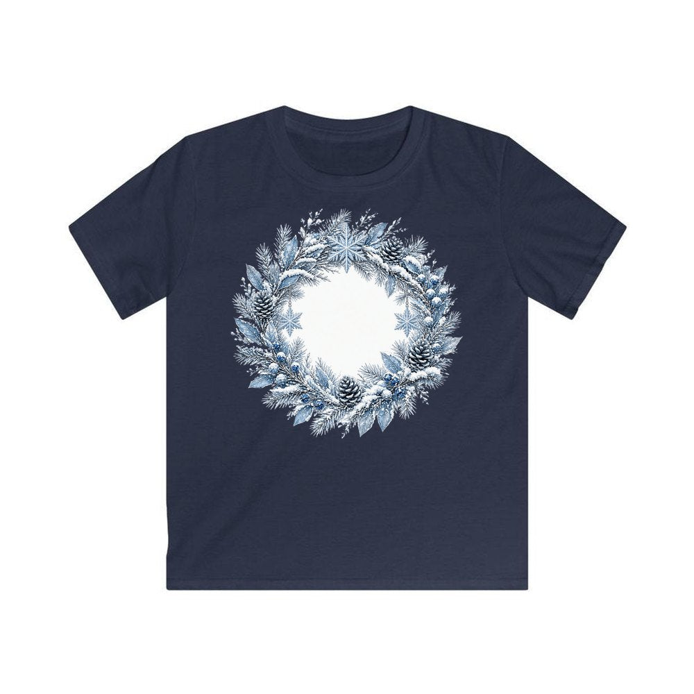 Frosted Blue Winter Wreath personalised kids Christmas tee in navy
