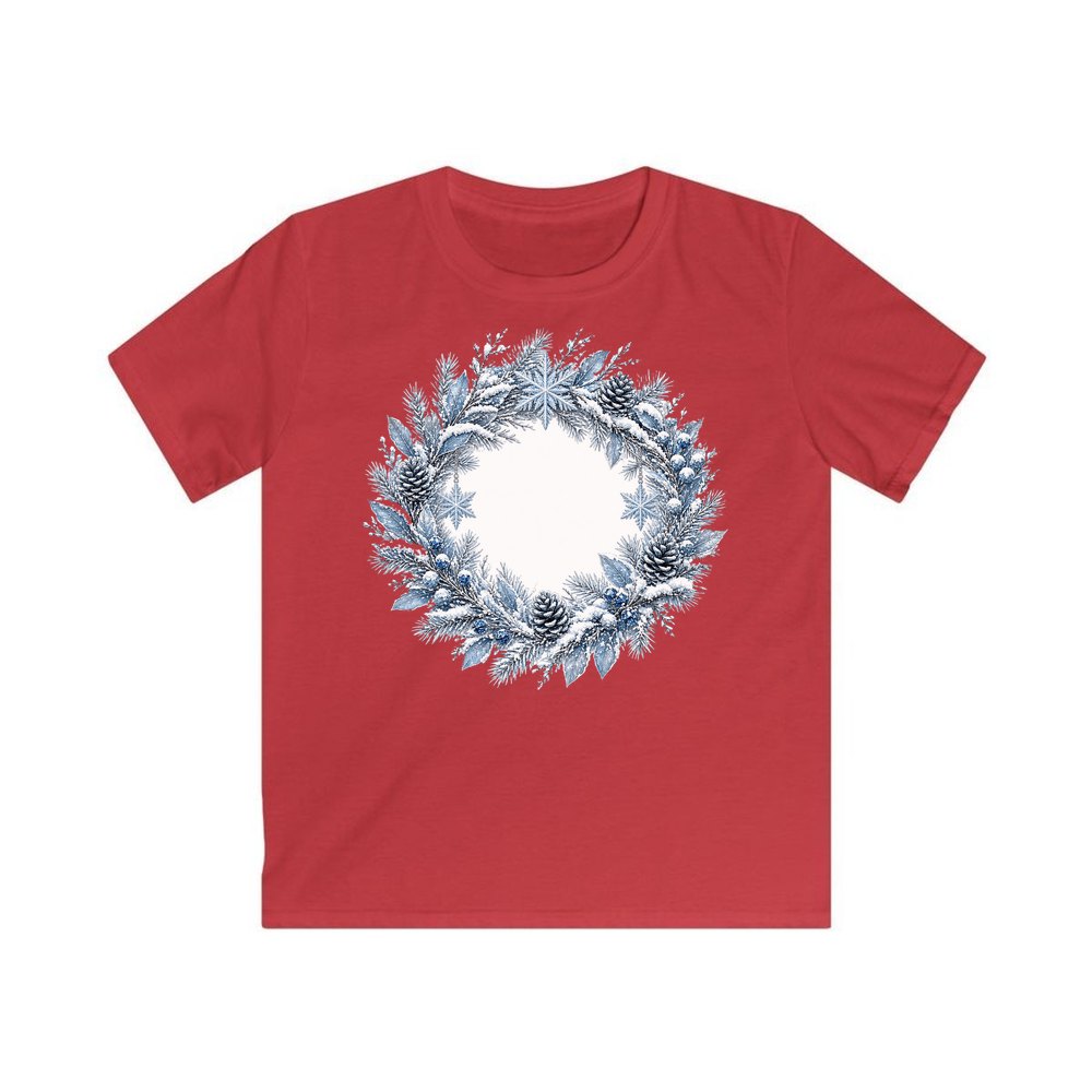 Frosted Blue Winter Wreath personalised kids Christmas tee in red
