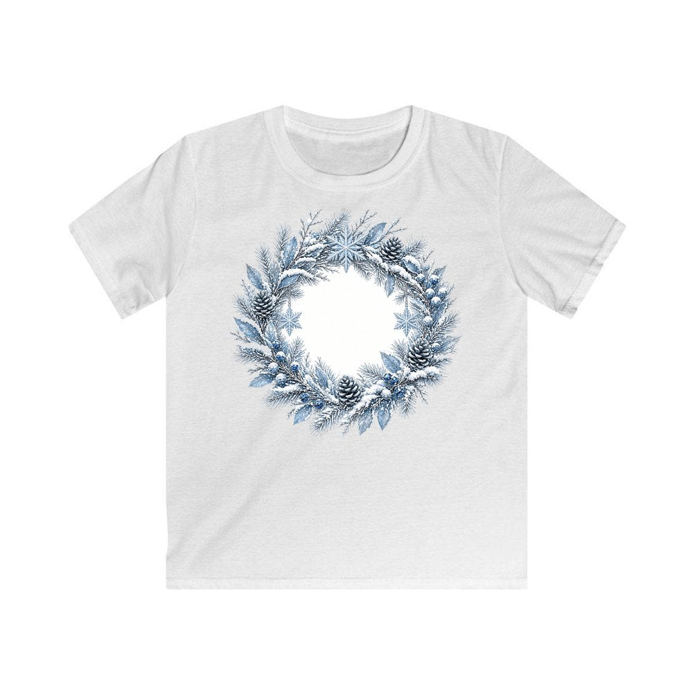 Frosted Blue Winter Wreath personalised kids Christmas tee in white