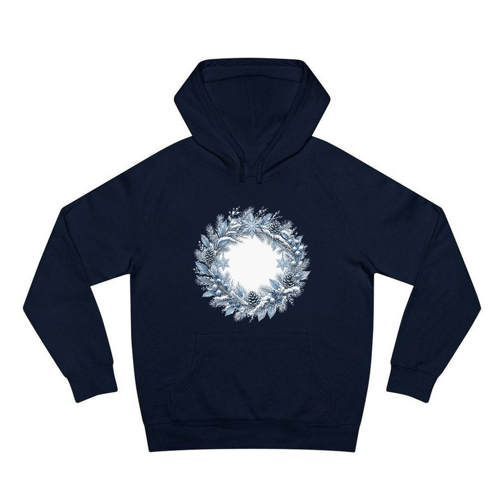 Frosted Blue Winter Wreath personalised Christmas hoodie in navy