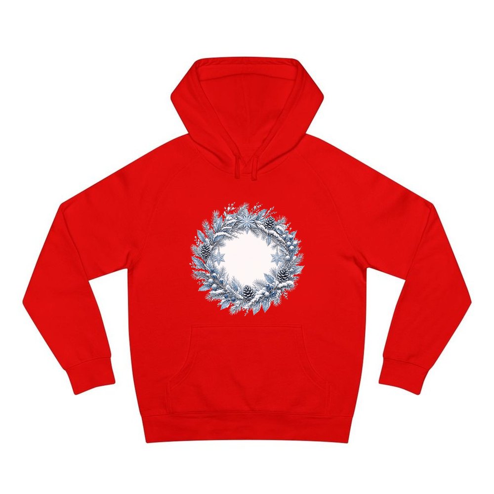 Frosted Blue Winter Wreath personalised Christmas hoodie in red