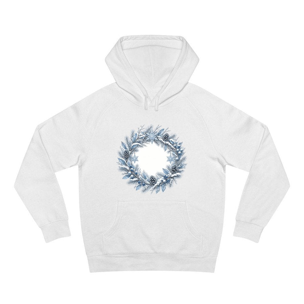 Frosted Blue Winter Wreath personalised Christmas hoodie in white